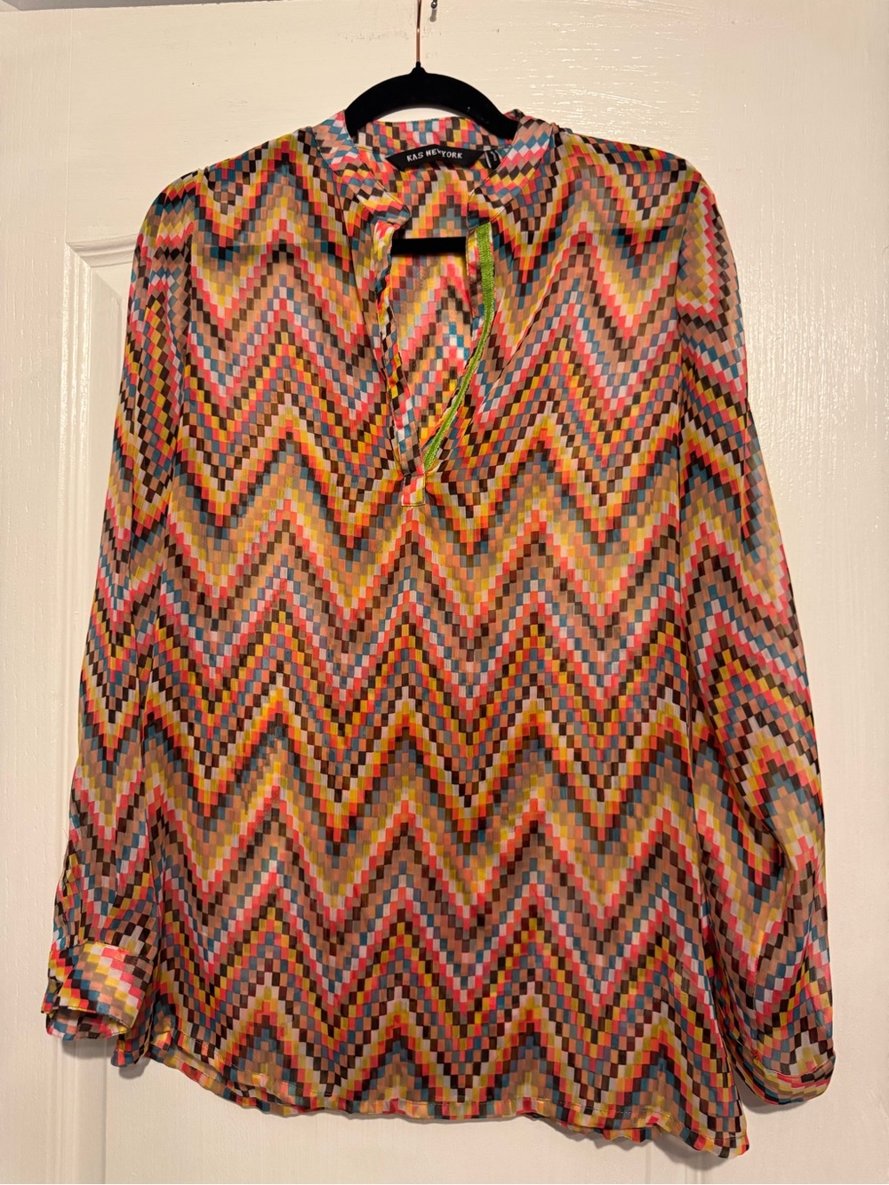 KAS NEW YORK Multi-color Sheer Chevron-Print Long Sleeve Shirt